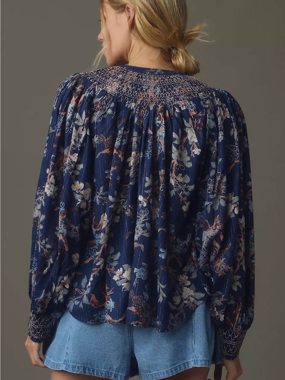By Anthropologie Long-Sleeve Smocked Jacquard Top Medium Puff Sleeve - Picture 3 of 11